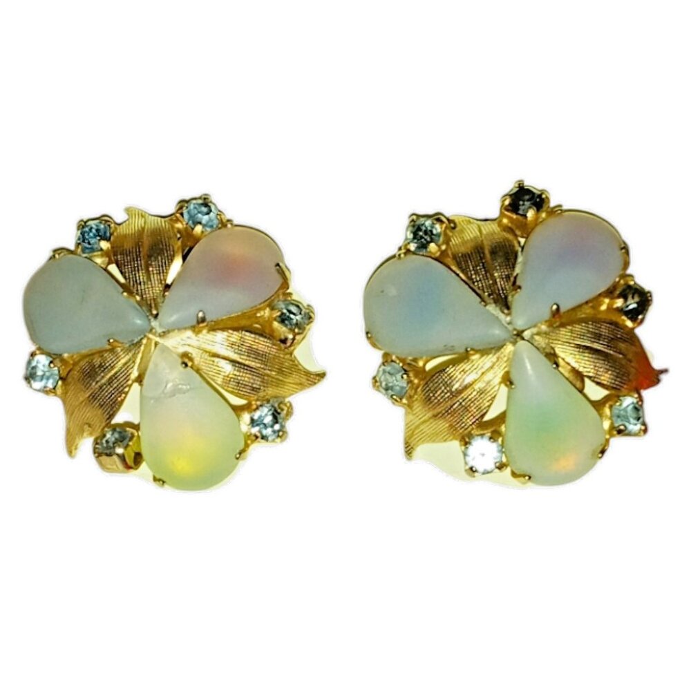 VINTAGE Opalescent Frosted Glass Flower Clip On Earrings Gold Tone Rhinestones